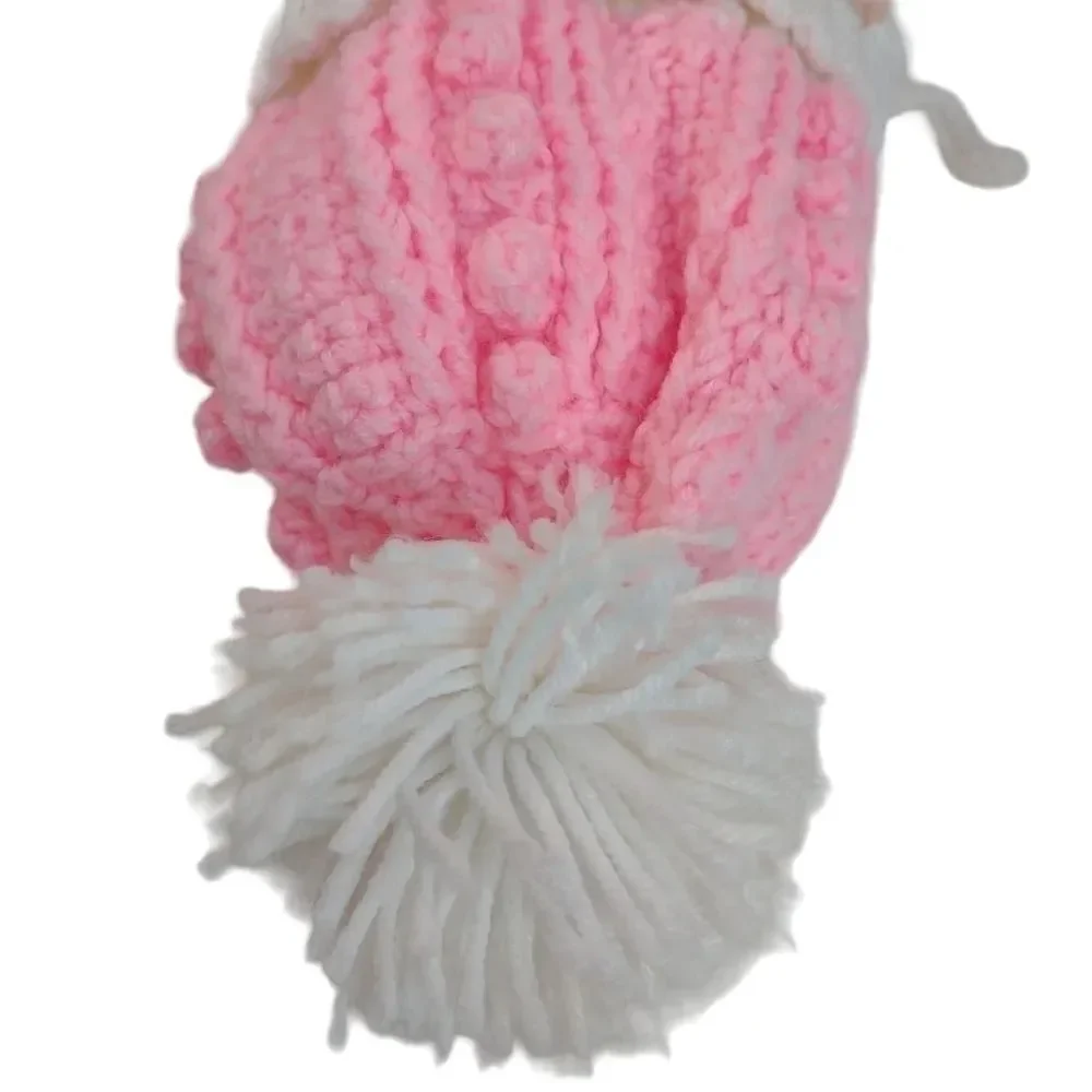 Handmade Pink and white Baby Winter Hat Pom Pom Crochet Ear flaps with ties